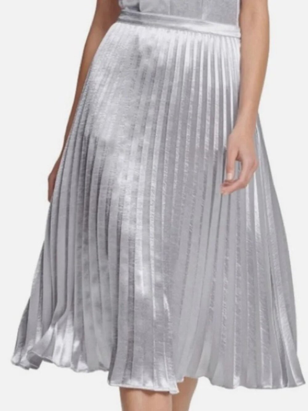 DKNY Silver Metallic Pleated Midi Skirt A-Line Side Zip Women's See Measurements